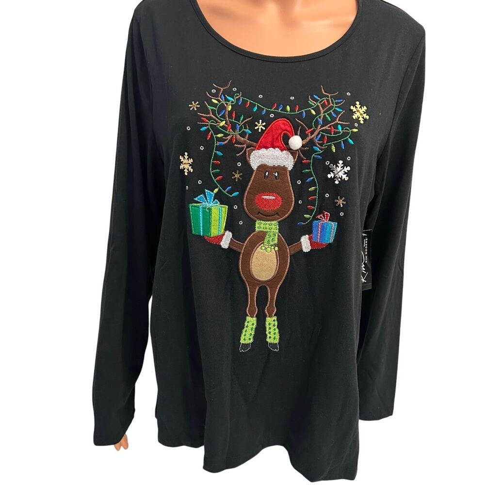 Kim Rogers sz 1x black long sleeve Christmas shirt embroidered Rudolph
